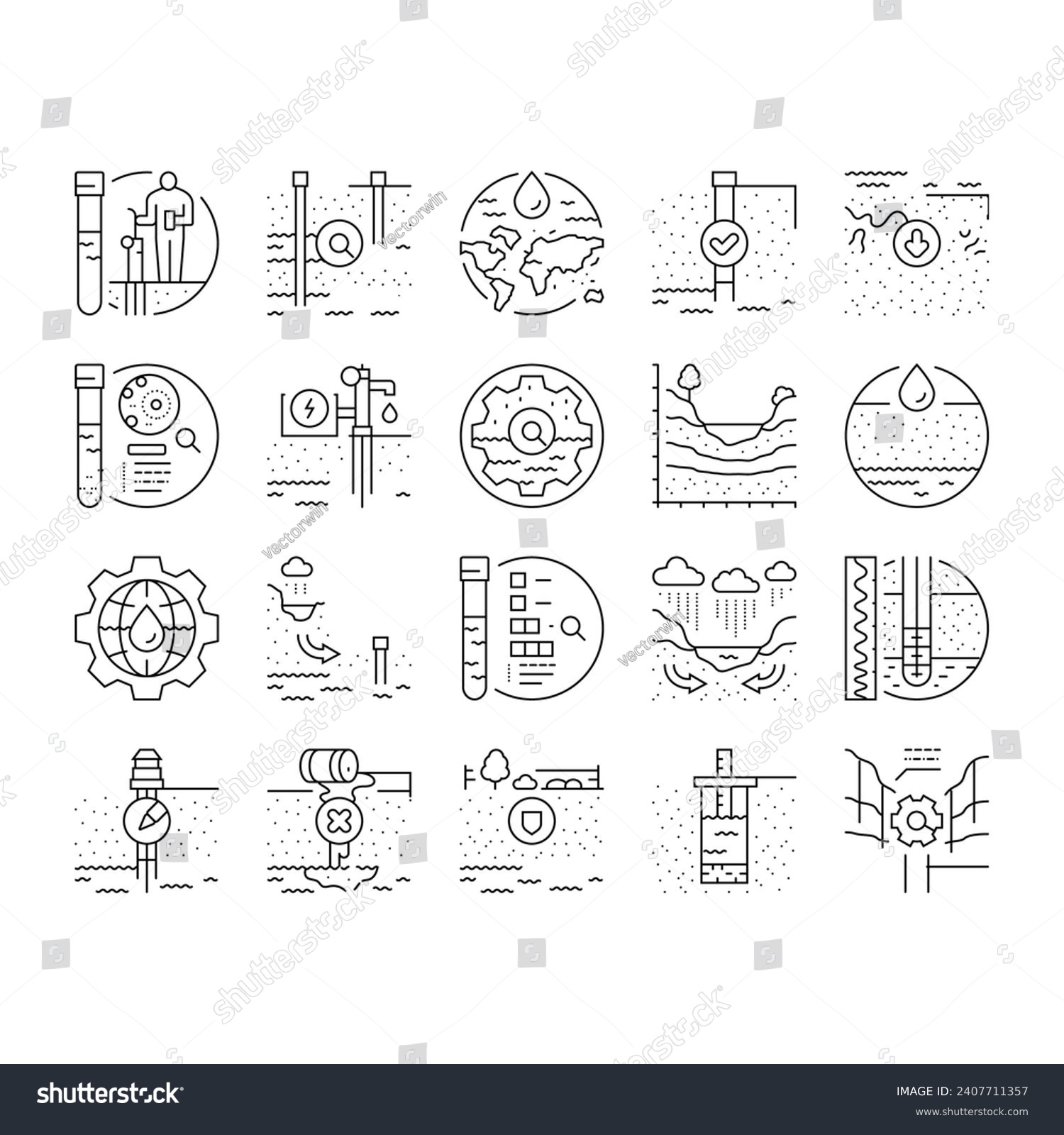 SVG of hydrogeologist industrial icons set vector. geology industry, pipe drill, man engineering mining, geologist oil, team, data hydrogeologist industrial black contour illustrations svg