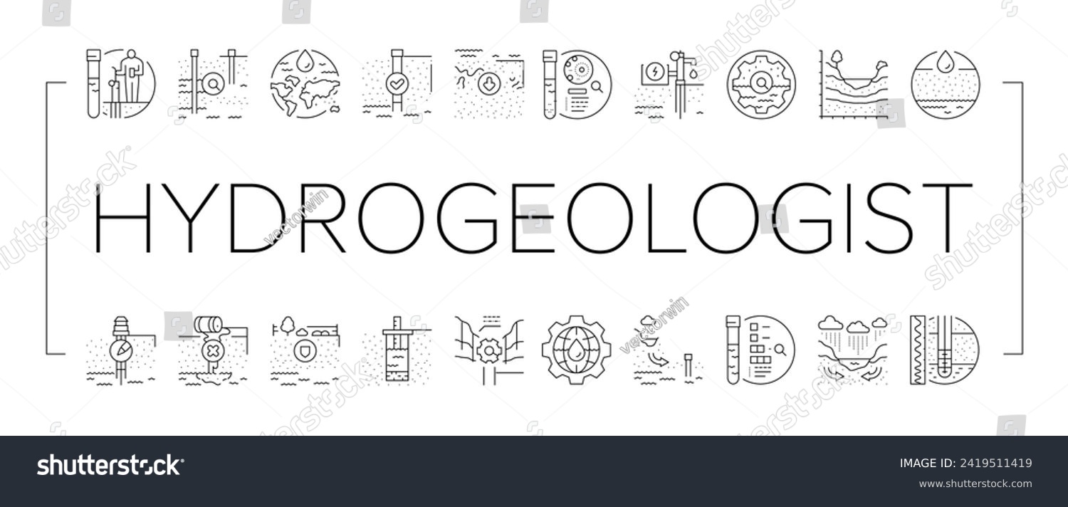 SVG of hydrogeologist industrial icons set vector. geology industry, pipe drill, man engineering mining, geologist oil, team, data hydrogeologist industrial black line illustrations svg