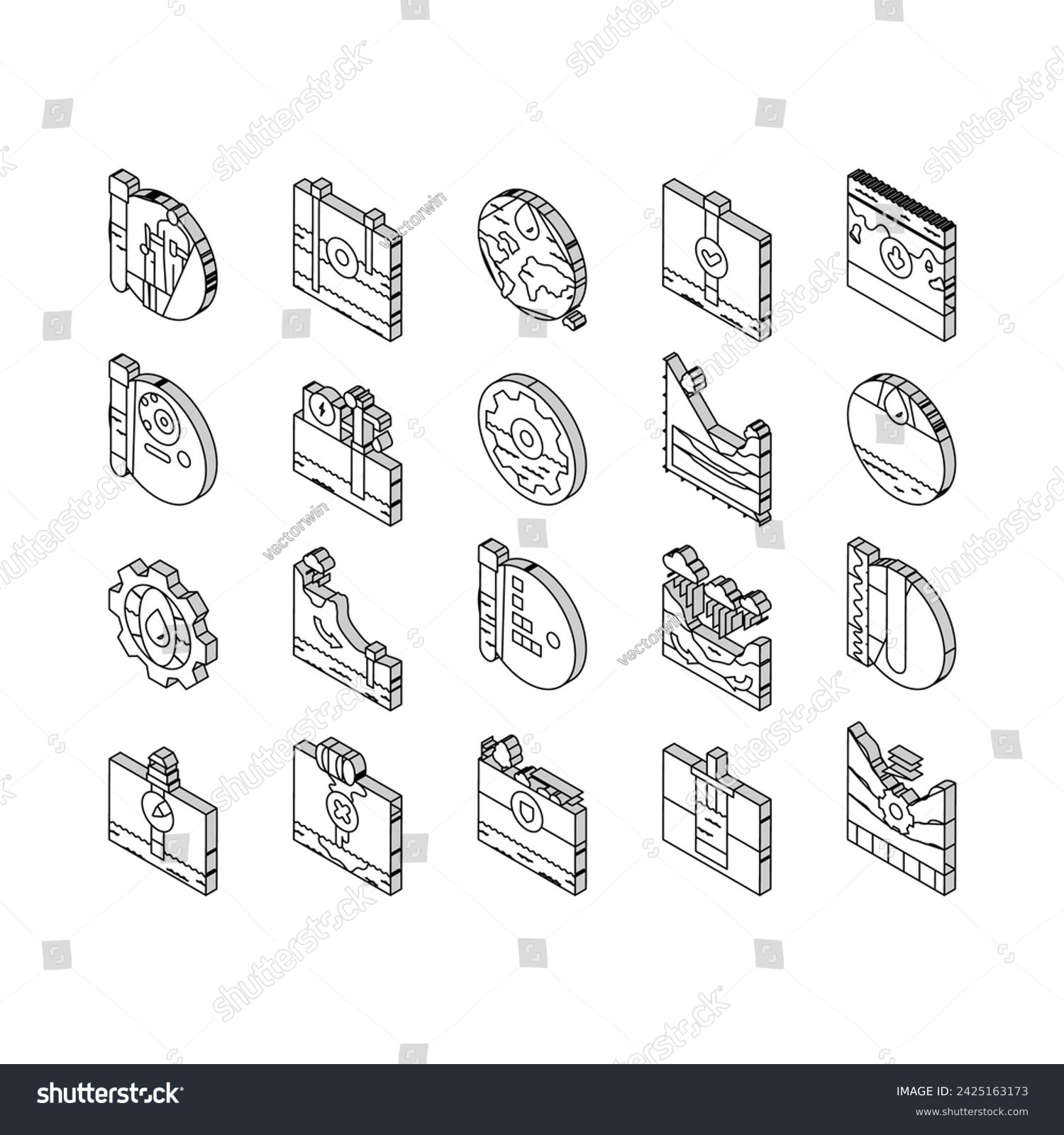 SVG of hydrogeologist industrial isometric icons set. geology industry, pipe drill, man engineering mining, geologist oil, team, data hydrogeologist industrial color line svg