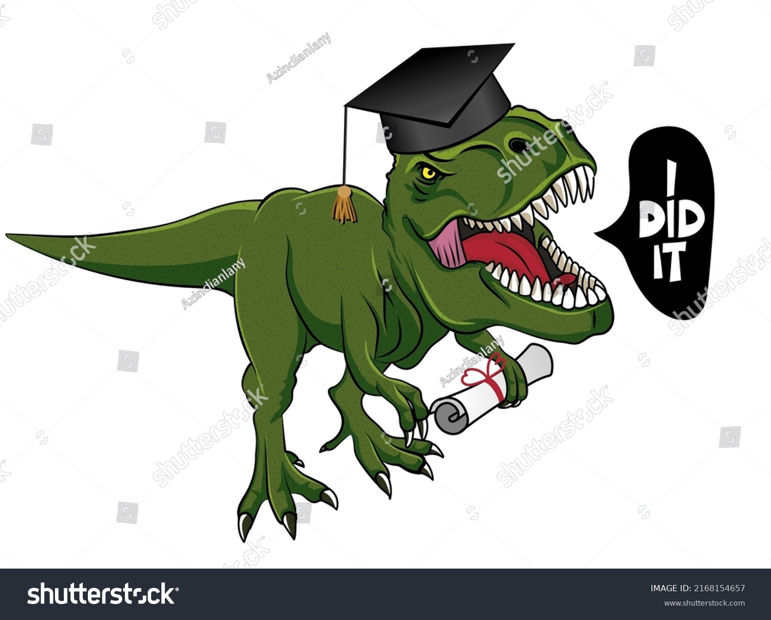 SVG of I did it! - T rex tyrannosaurus in graduate cap. Cute smiling happy dinosaur with diploma. Dino character in cartoon style. Congratulation graduates. Good for t-shirt, mug, gift.  svg