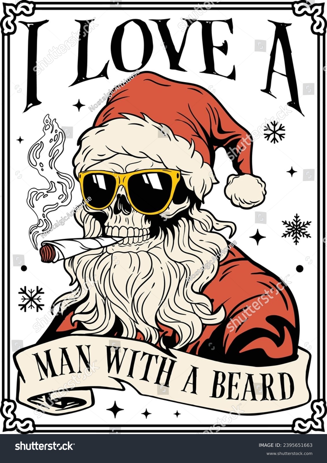 SVG of I Love A Man With A Beard, Cool Skeleton Santa Claus, Santa Skeleton Smoking, Funny Christmas, Christmas Skeleton  svg