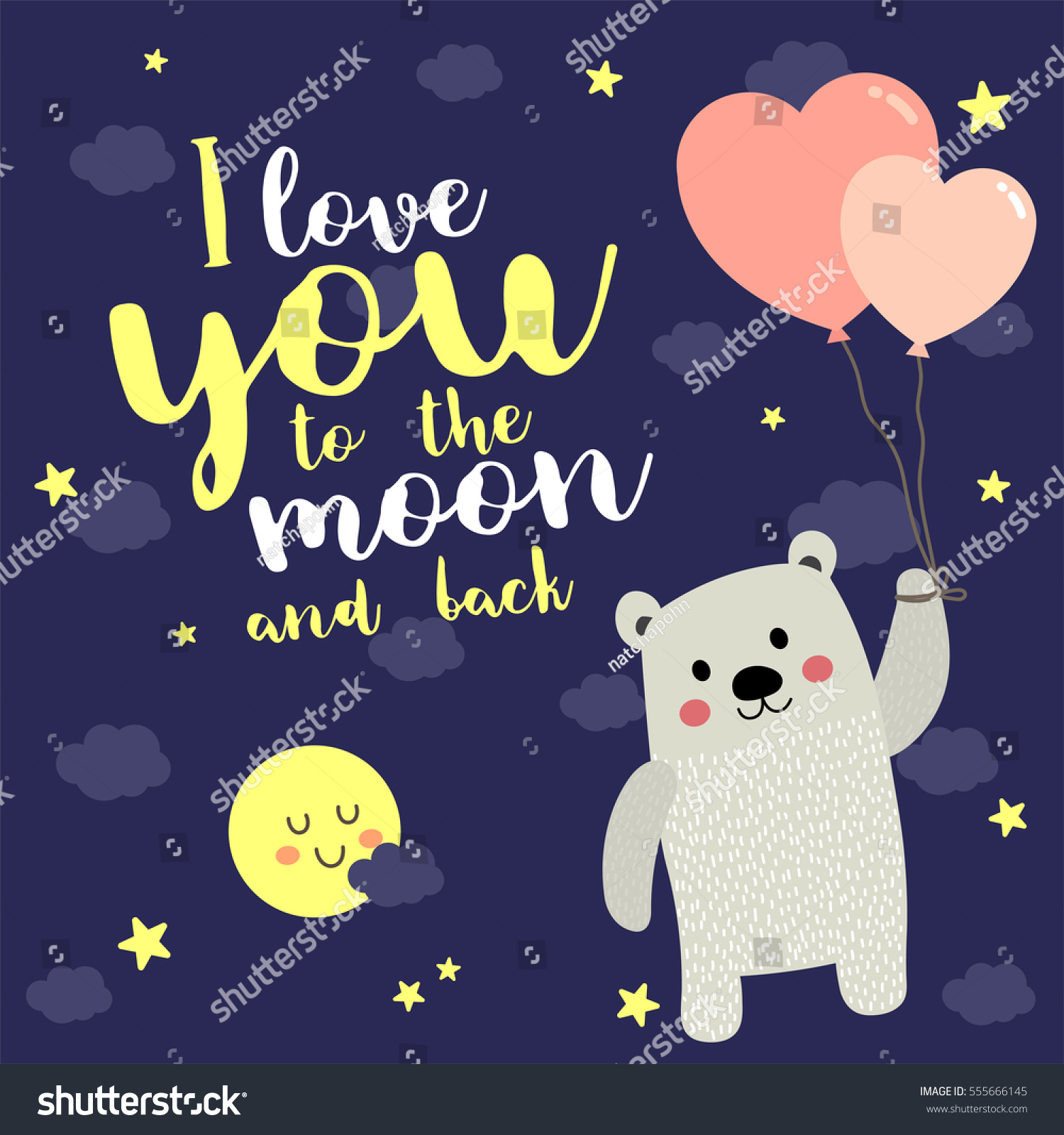 I Love You To The Moon And Back quote with cute Polar bear floating in the