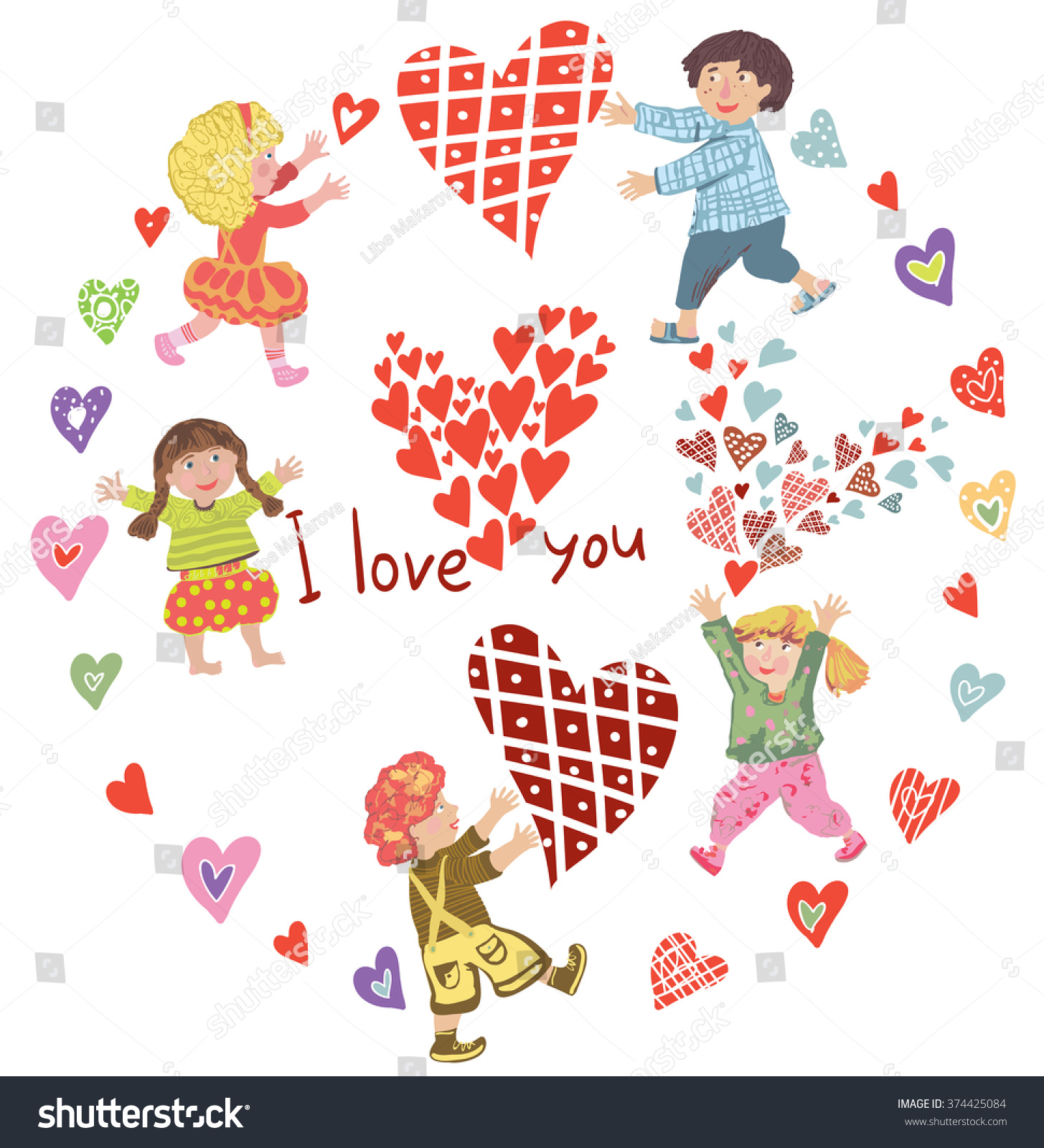 SVG of I love you. Vector, cartoon, colorful illustrations. Little cute girls and boys. They give each other hearts. Decorative greeting card for Mother's Day, Valentine's Day, birthday. svg