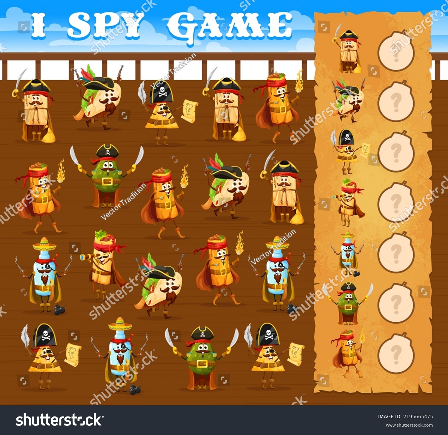 SVG of I spy game, cartoon mexican food pirate and corsair characters. Kids vector quiz worksheet puzzle with tex mex tamales, tacos, burrito and nachos, chimichanga, tequila and avocado personages svg