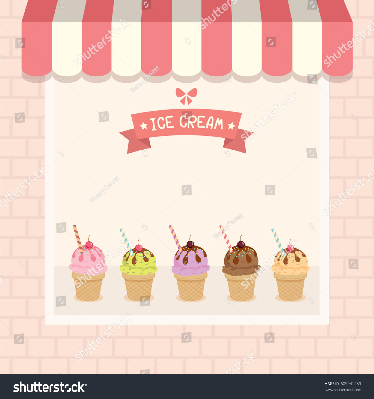 SVG of Ice-cream cafe shop showcase decorated with awning and brick wall in pink and  pastel background colors.Illustration vector. svg
