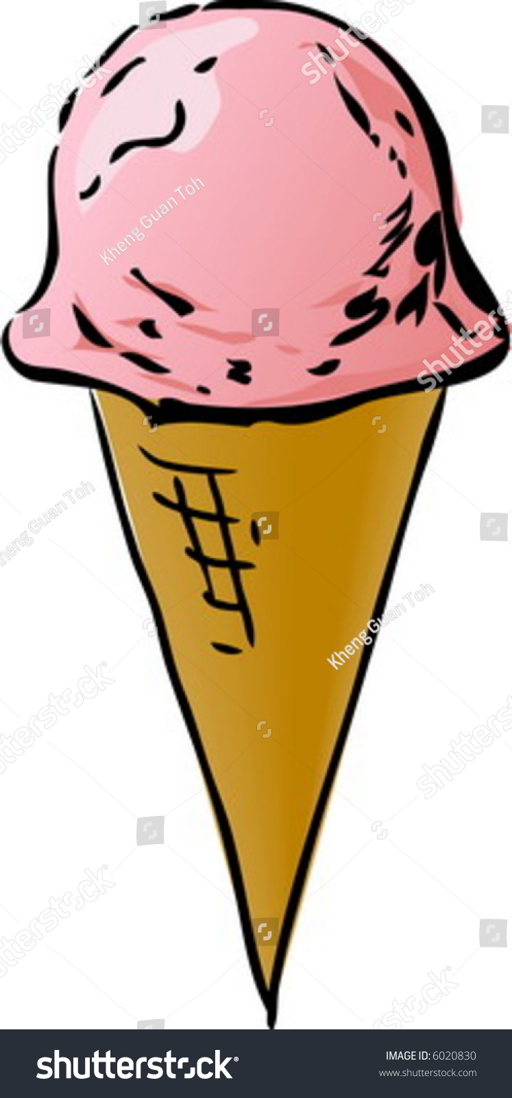 Ice Cream Cone Illustration, Strawberry Flavor Lineart Hand-Drawn Look ...