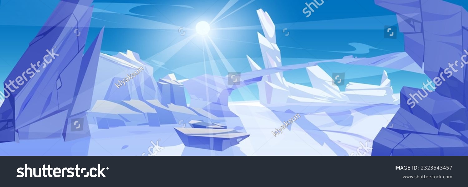 SVG of Ice winter landscape with snow vector background. frozen mountain and snowy scenery frost scene for ski ad. North pole or iceland wild desert with rocky antarctic bridge cartoon day illustration. svg