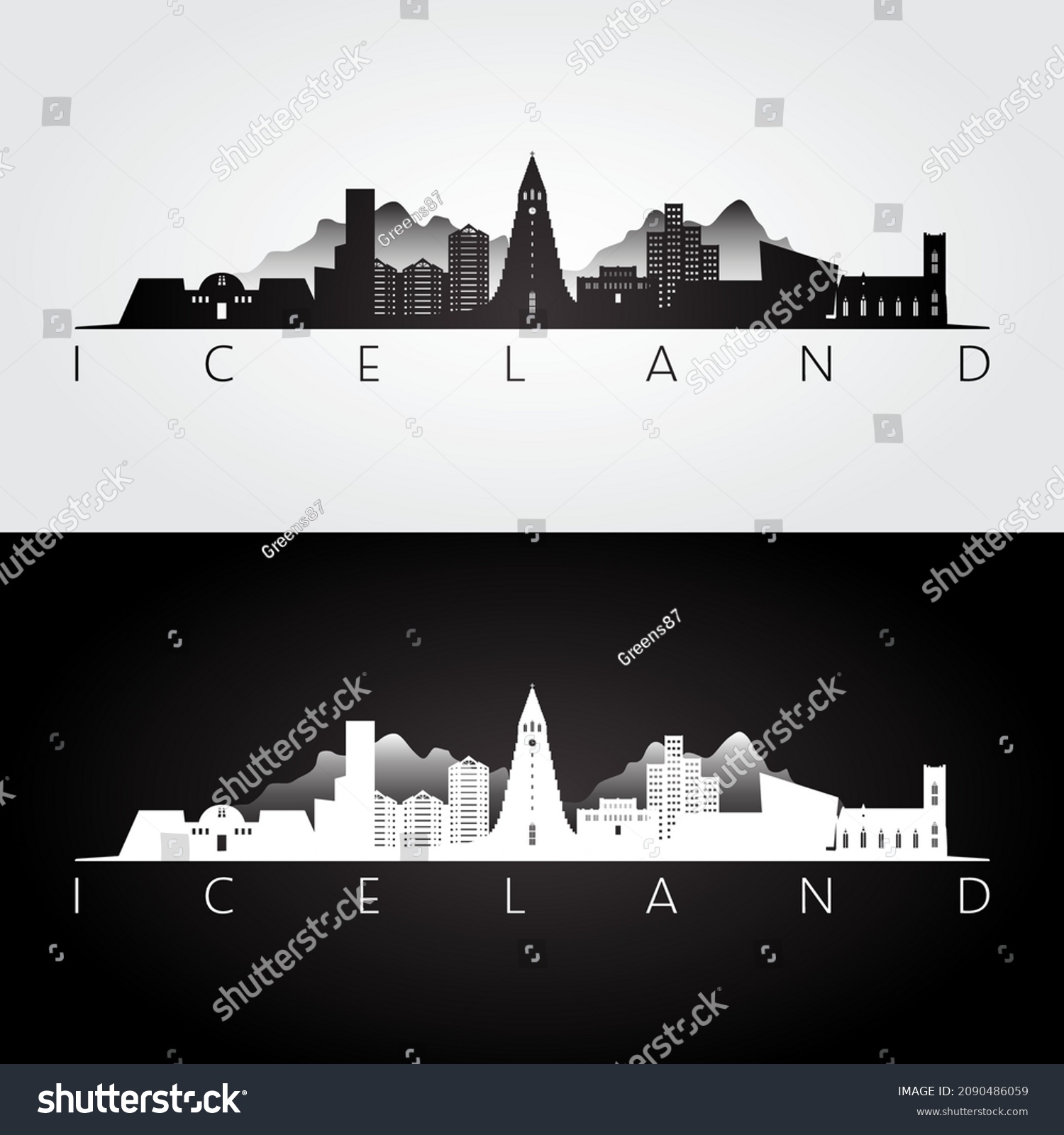 Iceland Skyline Landmarks Silhouette Black White Stock Vector (Royalty ...