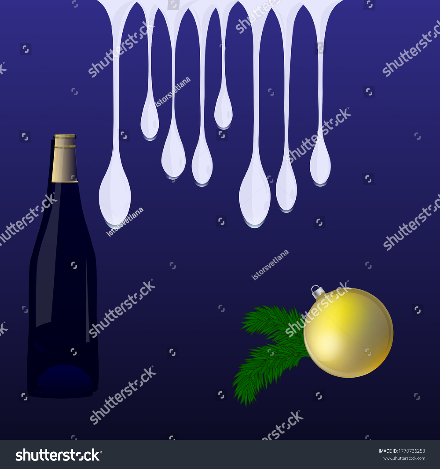 SVG of Icicles, a bottle of wine, a bright ball - dark blue background - vector. Banner. Christmas decoration. Winter holidays svg
