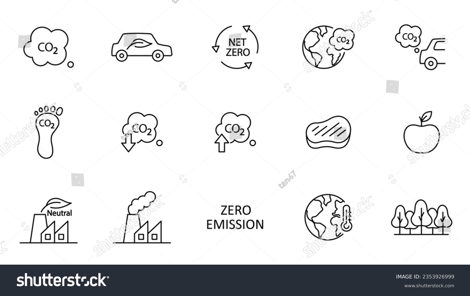 SVG of Icon collection with zero emission symbol concept. greenhouse gas carbon credit design set. protect ecological green vector outline. carbon net zero neutral natural. carbon footprint art pictogram svg