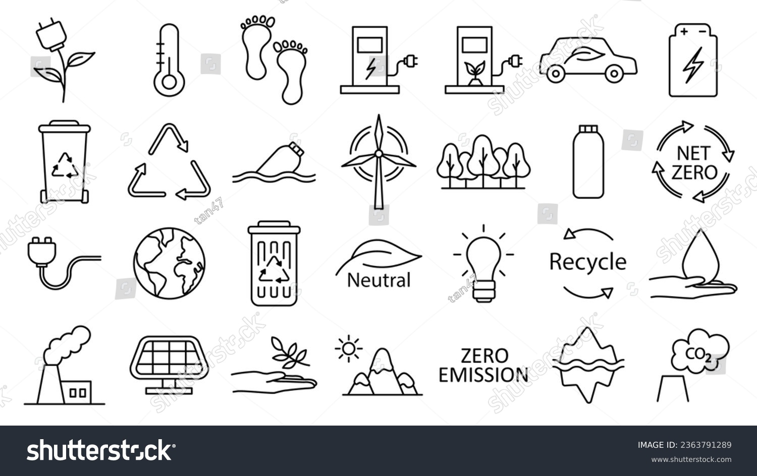 SVG of Icon collection with zero emission symbol concept. greenhouse gas carbon credit design set. protect ecological green vector outline. carbon net zero neutral natural. carbon footprint art pictogram. svg