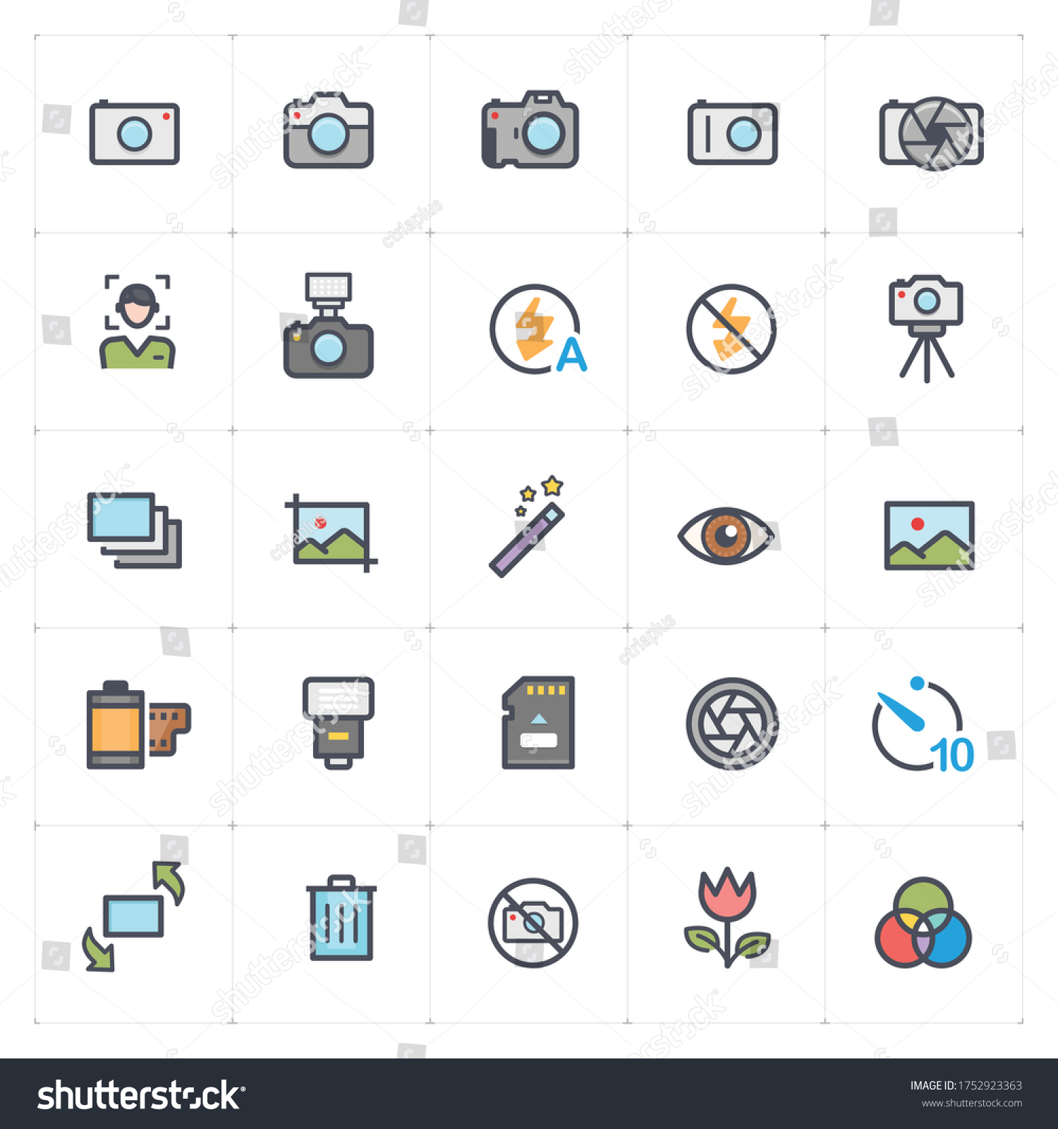 SVG of Icon set - camera and photograph outline stroke with color vector illustration on white background svg