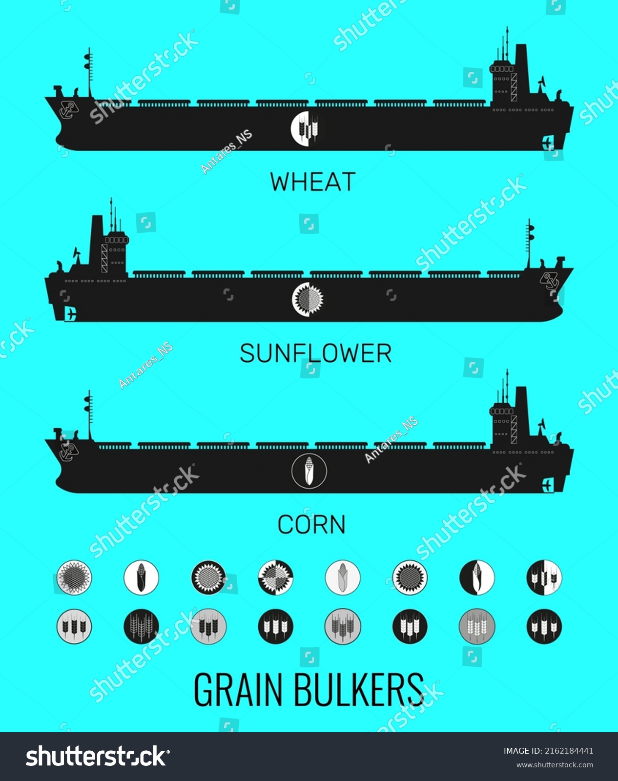 SVG of Icon set of bulk carriers for transportation of bulk cereals and icons of grain, corn, sunflower. Constructor for designer. Vector illustration
 svg