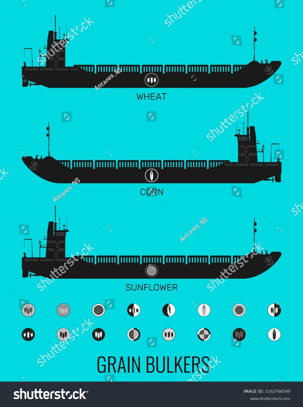 SVG of Icon set of bulk carriers for transportation of bulk cereals and icons of grain, corn, sunflower. Constructor for designer. Vector illustration
 svg