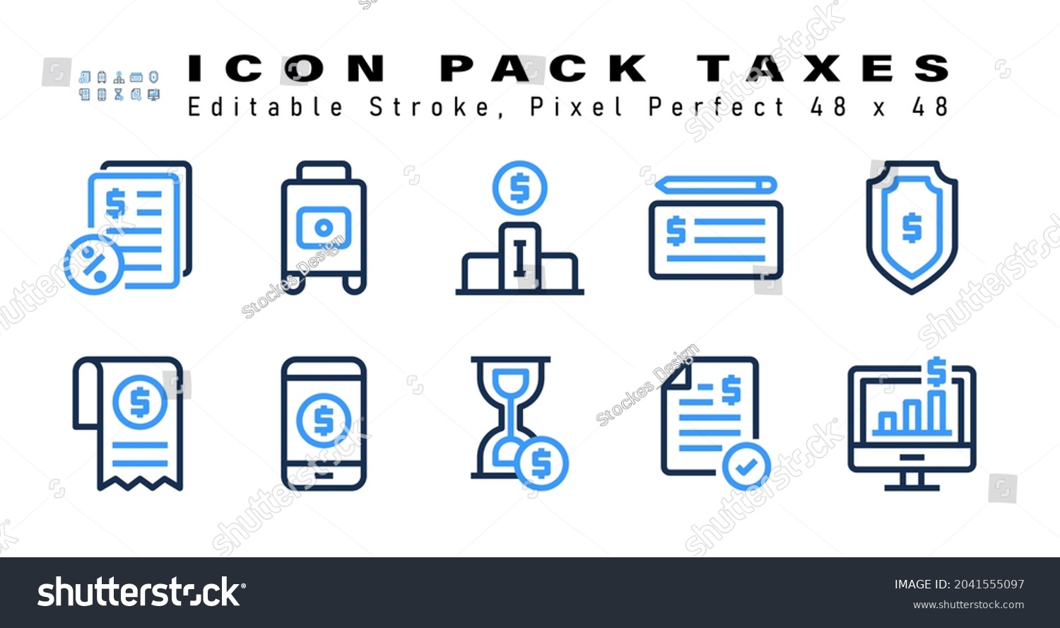 SVG of Icon Set of Taxes Two Color Icons. Contains such Icons as Money Secure, Bill, Online Shop, Time Is Money etc. Editable Stroke. 48 x 48 Pixel Perfect svg
