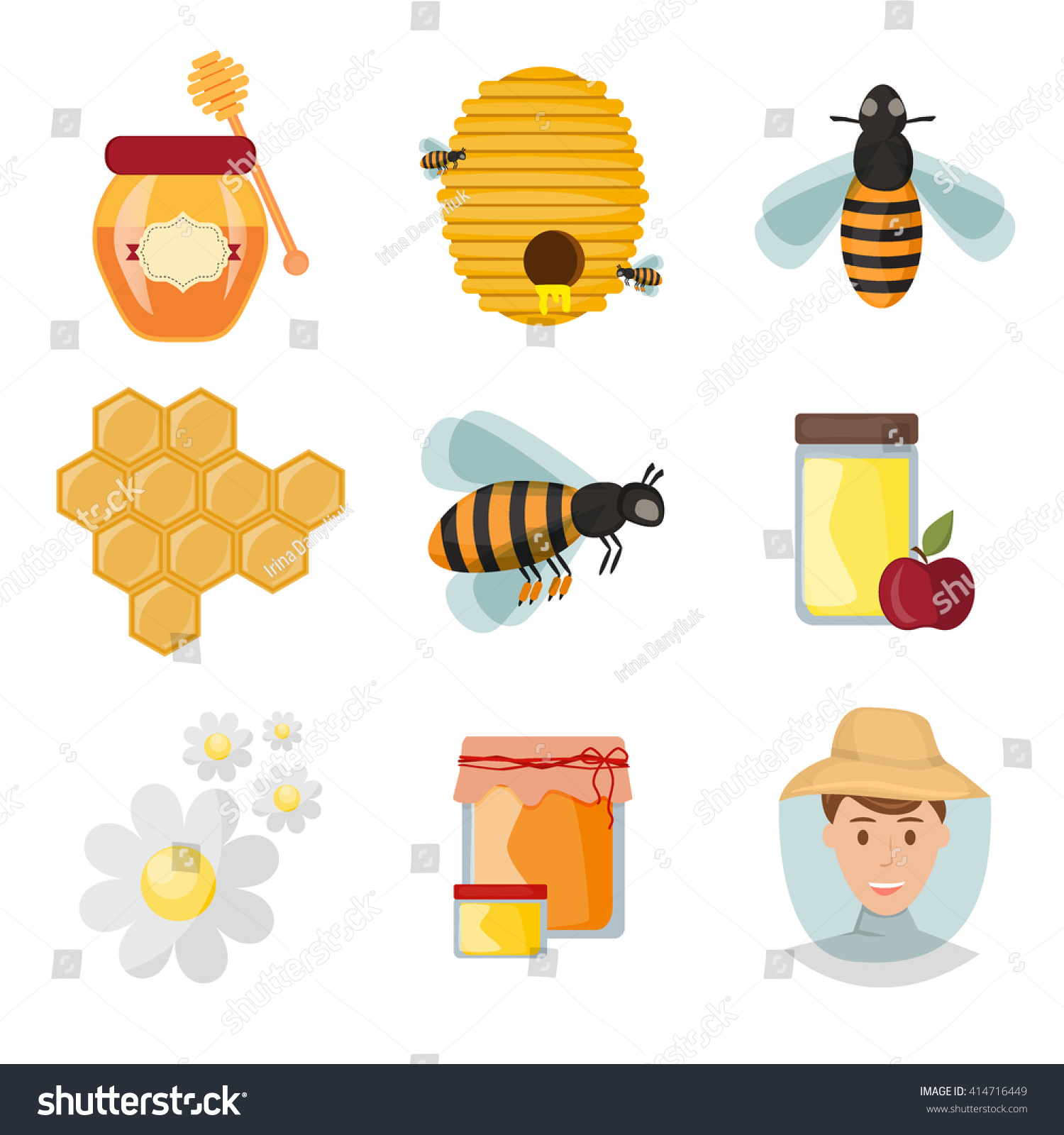 Icons Apiaries And Bee Vector. Bee Flying In Beehive, Jar Honey And ...