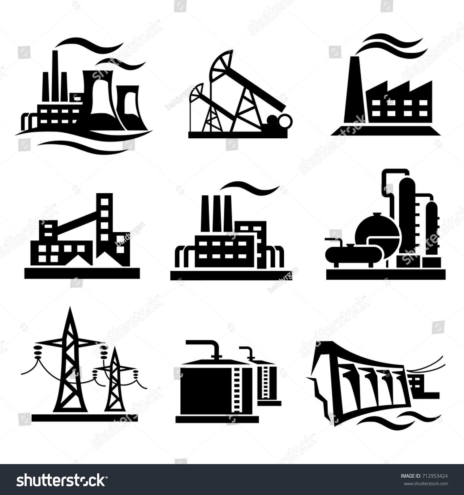 Icons Collection Different Power Plants Factories Stock Vector