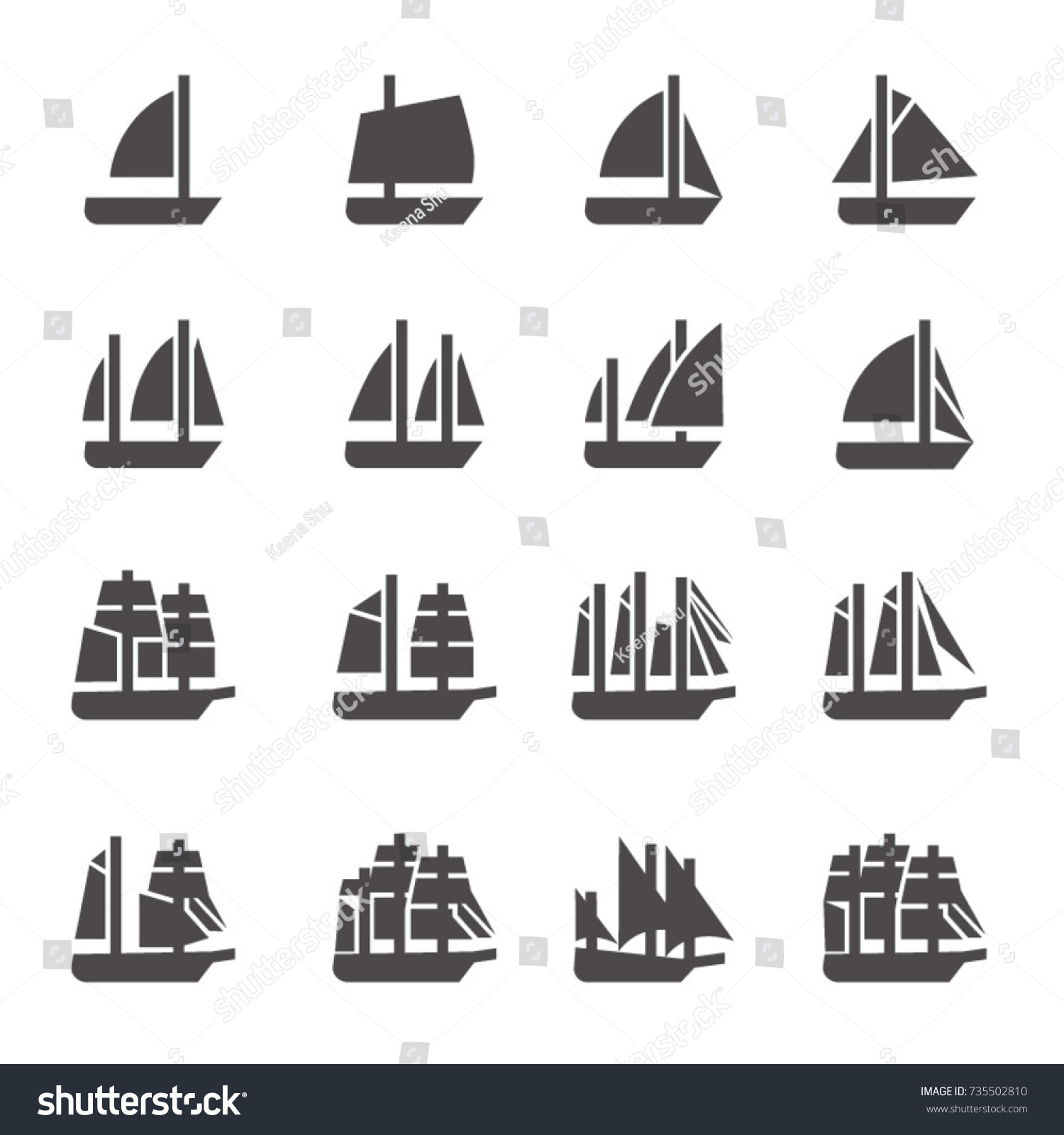 SVG of Icons of sailing ships in glyph style / Ships like cat, yal, sloop, cutter, ketch, Bermuda schooner, yol, tender, brig, brigantine, schooner, cruiser yacht, mars schooner, frigate, galley, corvette svg
