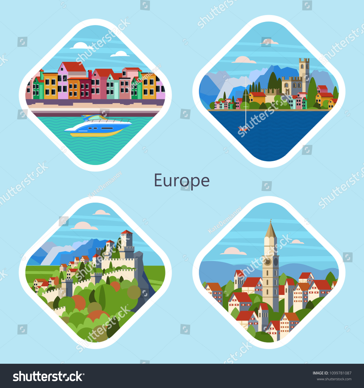 SVG of Icons views of European cities and traditional European landscapes. Vector illustration. Venice, lake Garda, Bavarian village, Republic of San Marino. svg