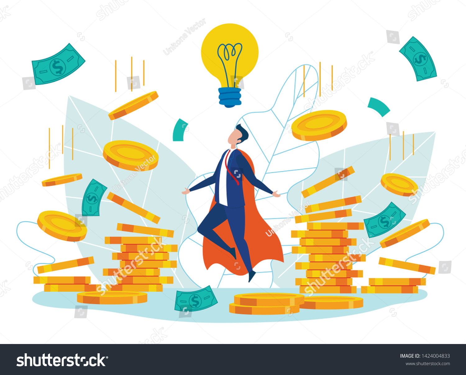 SVG of Idea Generation Cartoon Flat Vector Illustration. Businessman in Hero Costume Creating Business Ideas. Earning Money and Getting Profit. Reward for New Idea. Character Making Money. Work on Project. svg