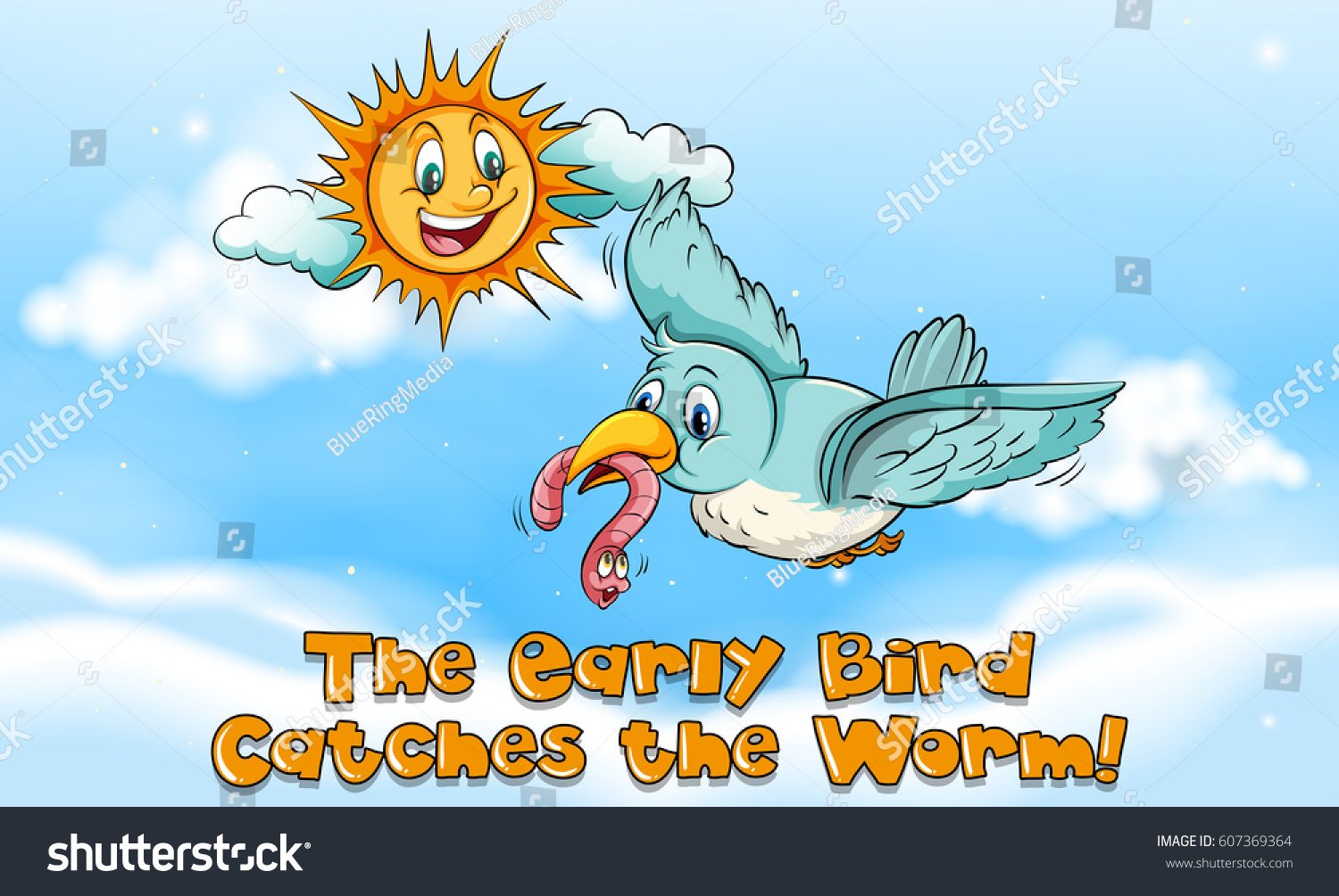 Idiom expression for early bird catches the worm illustration