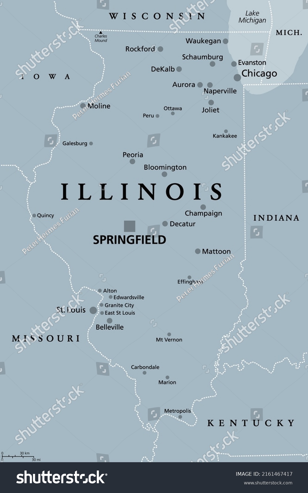 SVG of Illinois, IL, gray political map with capital Springfield and metropolitan area Chicago. State in Midwestern region of United States, nicknamed Land of Lincoln, Prairie State, and Inland Empire State. svg
