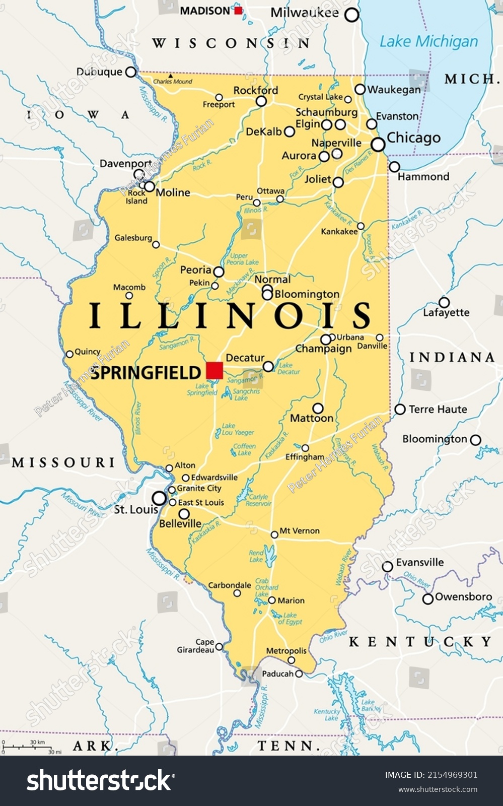 SVG of Illinois, IL, political map, with capital Springfield and metropolitan area Chicago. State in the Midwestern region of United States, nicknamed Land of Lincoln, Prairie State, and Inland State. svg