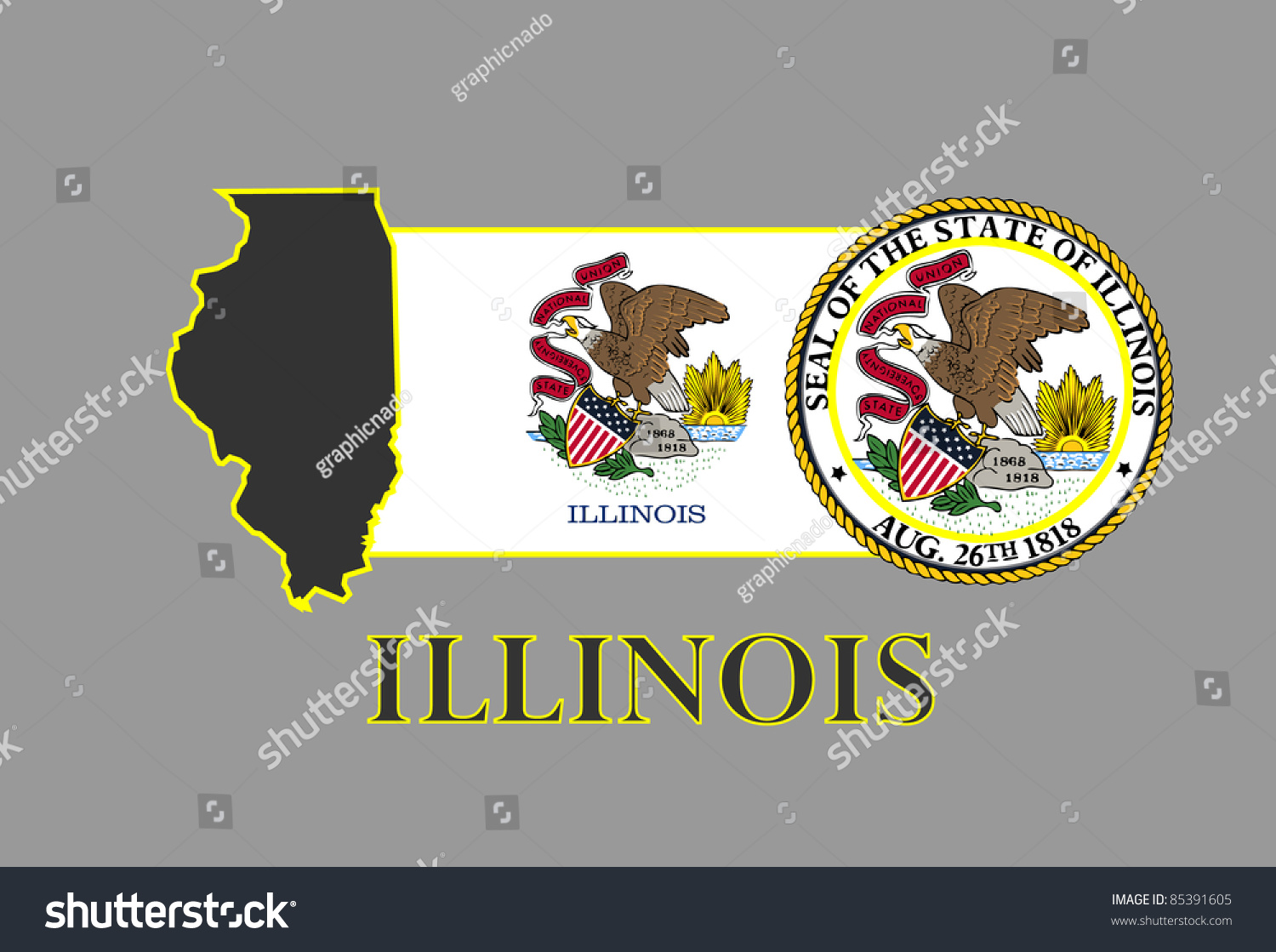 SVG of Illinois state map, flag, seal and name. svg