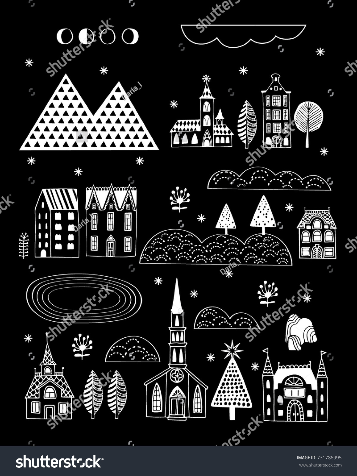 Illustrated black and white poster in Scandinavian style with images of houses and nature Can