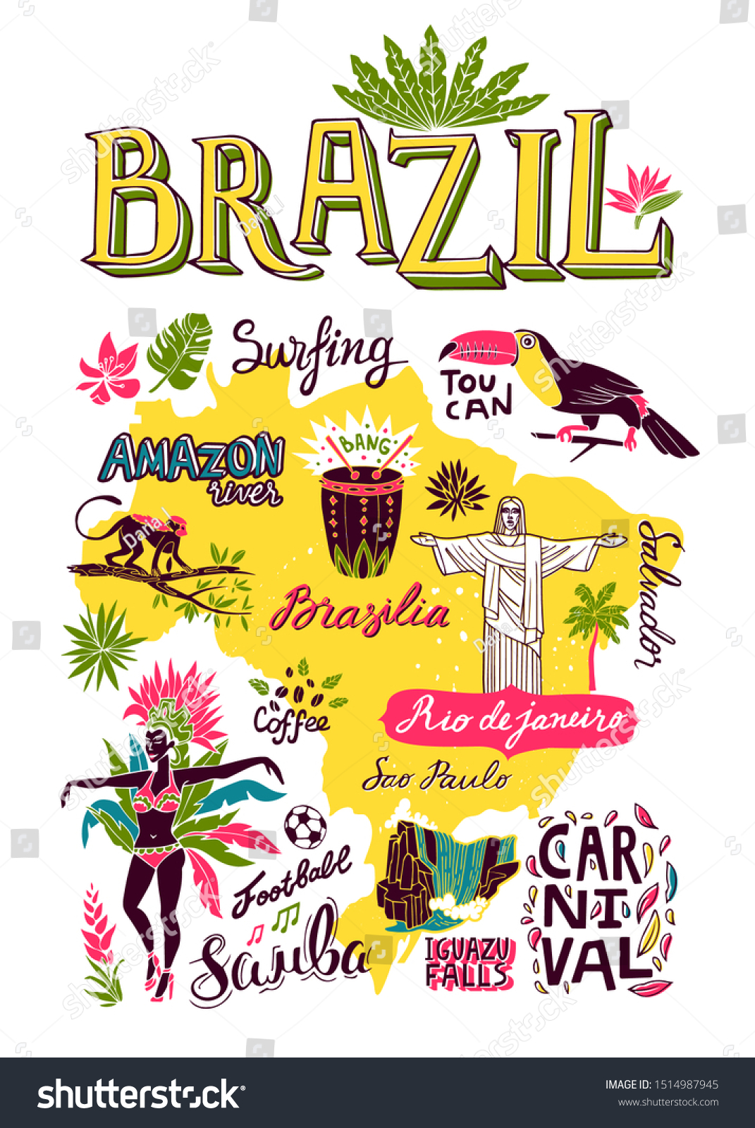 Illustrated Handdrawn Typographic Poster About Brazil Stock Vector 