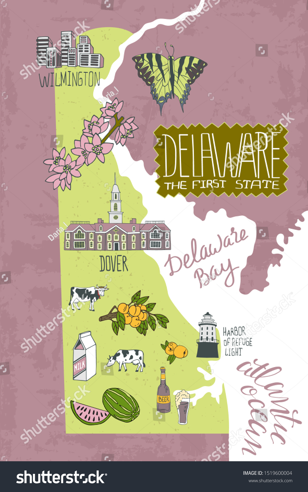 Illustrated Map Delaware State Usa Travel Stock Vector Royalty Free   Stock Vector Illustrated Map Of Delaware State Usa Travel And Attractions 1519600004 