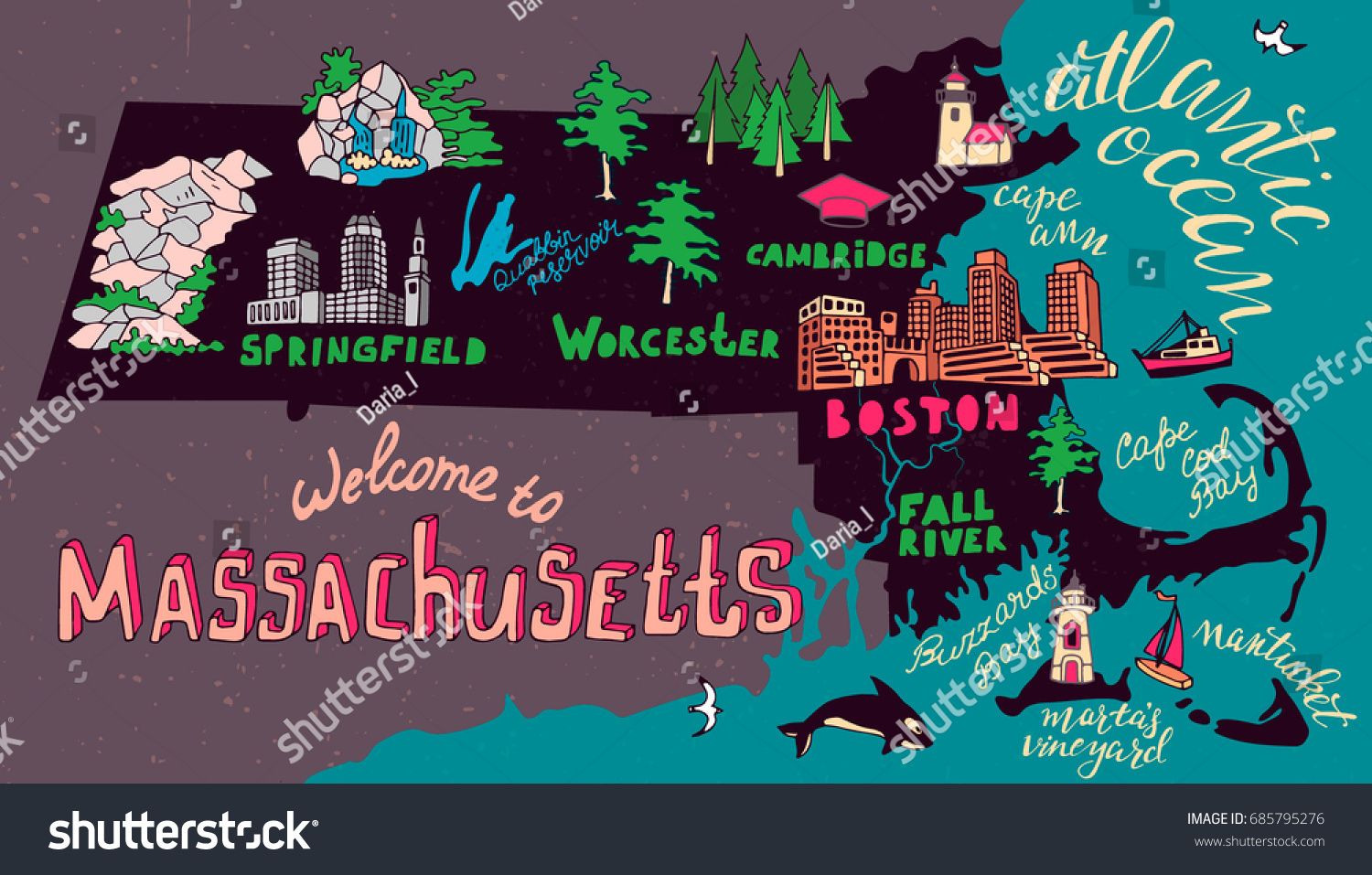 SVG of Illustrated map of Massachusetts state, USA.  Travel and attractions svg
