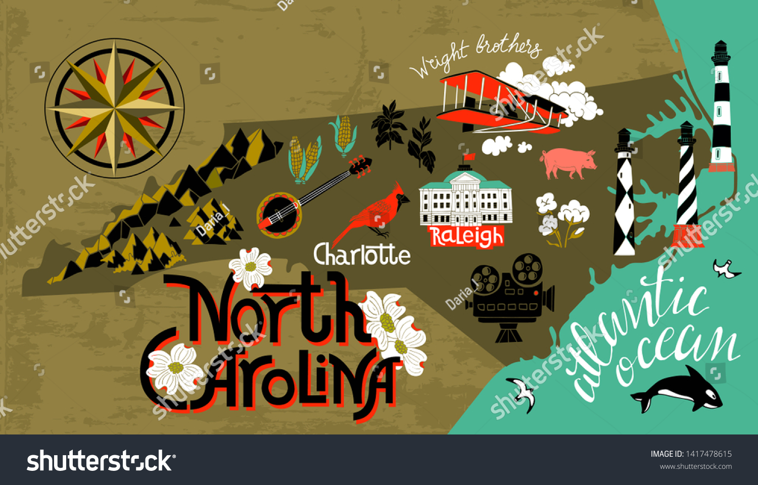 SVG of Illustrated map of North Carolina, USA. Travel and attractions svg