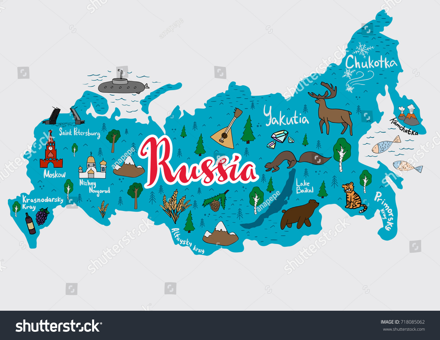 SVG of Illustrated map of Russia with all main cities including Moscow and tourist attractions. Vector illustration.  svg