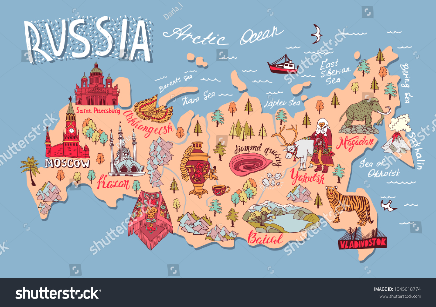 forholdet hoste Kommunist Illustrated Map Russia Elements Culture Nature Stock Vector (Royalty Free)  1045618774