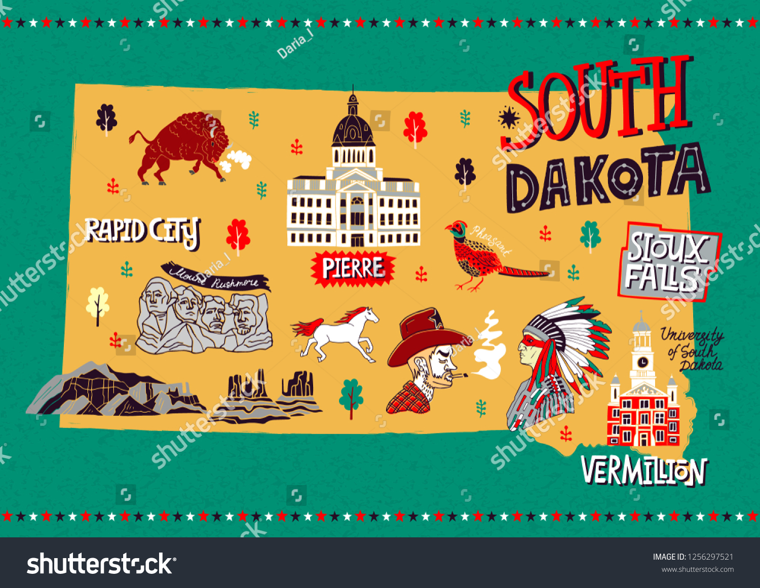 Illustrated Map South Dakota Usa Travel Stock Vector Royalty Free