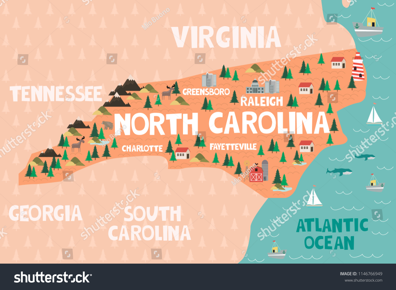 Illustrated Map State North Carolina United Stock Vector Royalty