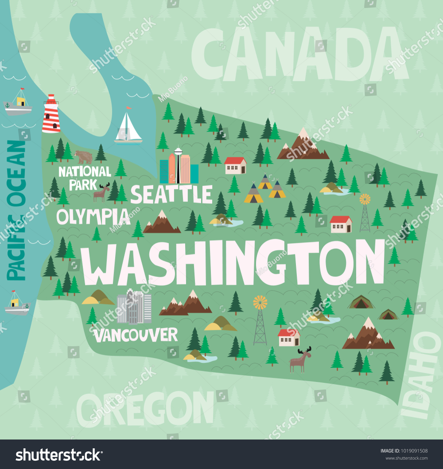 Washington State Landmarks Map Illustrated Map State Washington United States Stock Vector (Royalty Free)  1019091508 | Shutterstock