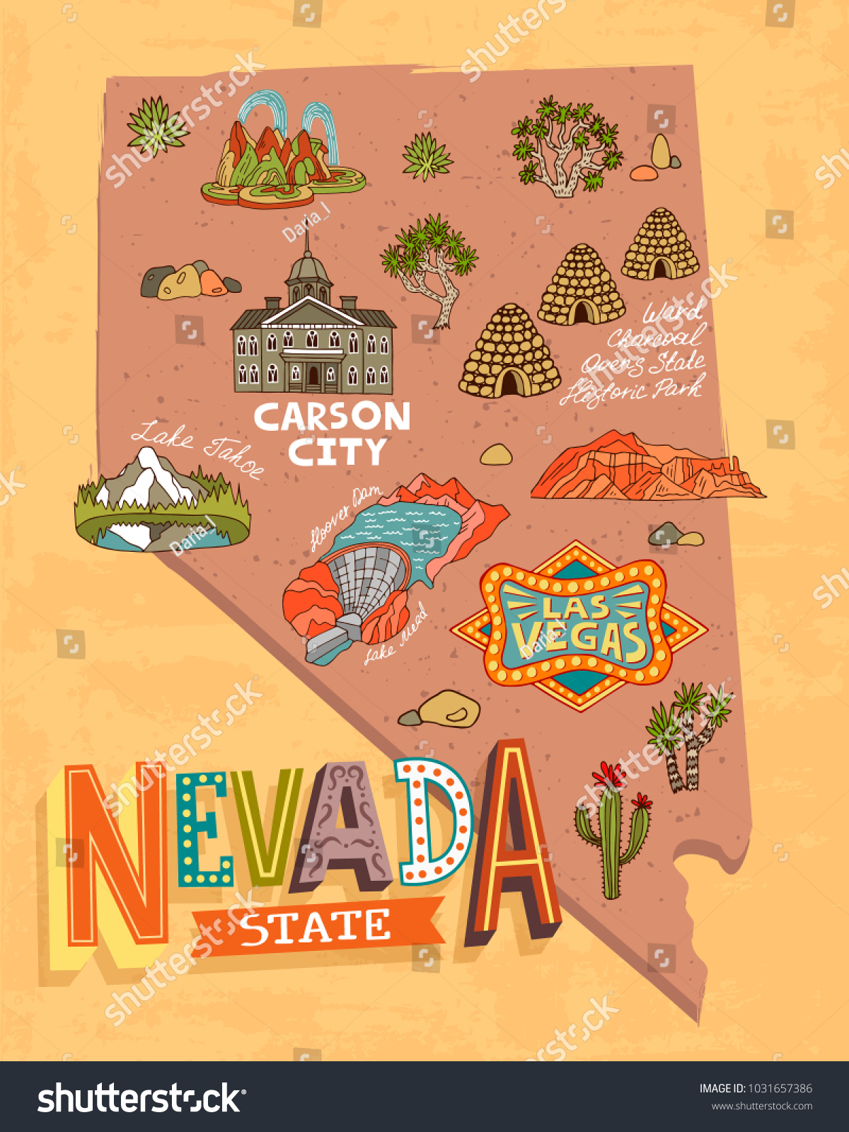 Illustrated Tourist Map Nevada Usa Travel Stok Vektör Telifsiz 1031657386 Shutterstock 5010