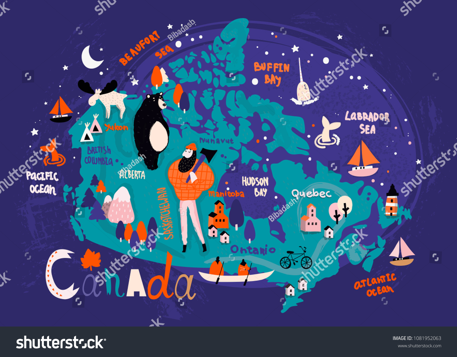 Vektor Stok Illustrated Vector Map Canada Night Version Tanpa Royalti 1081952063 Shutterstock