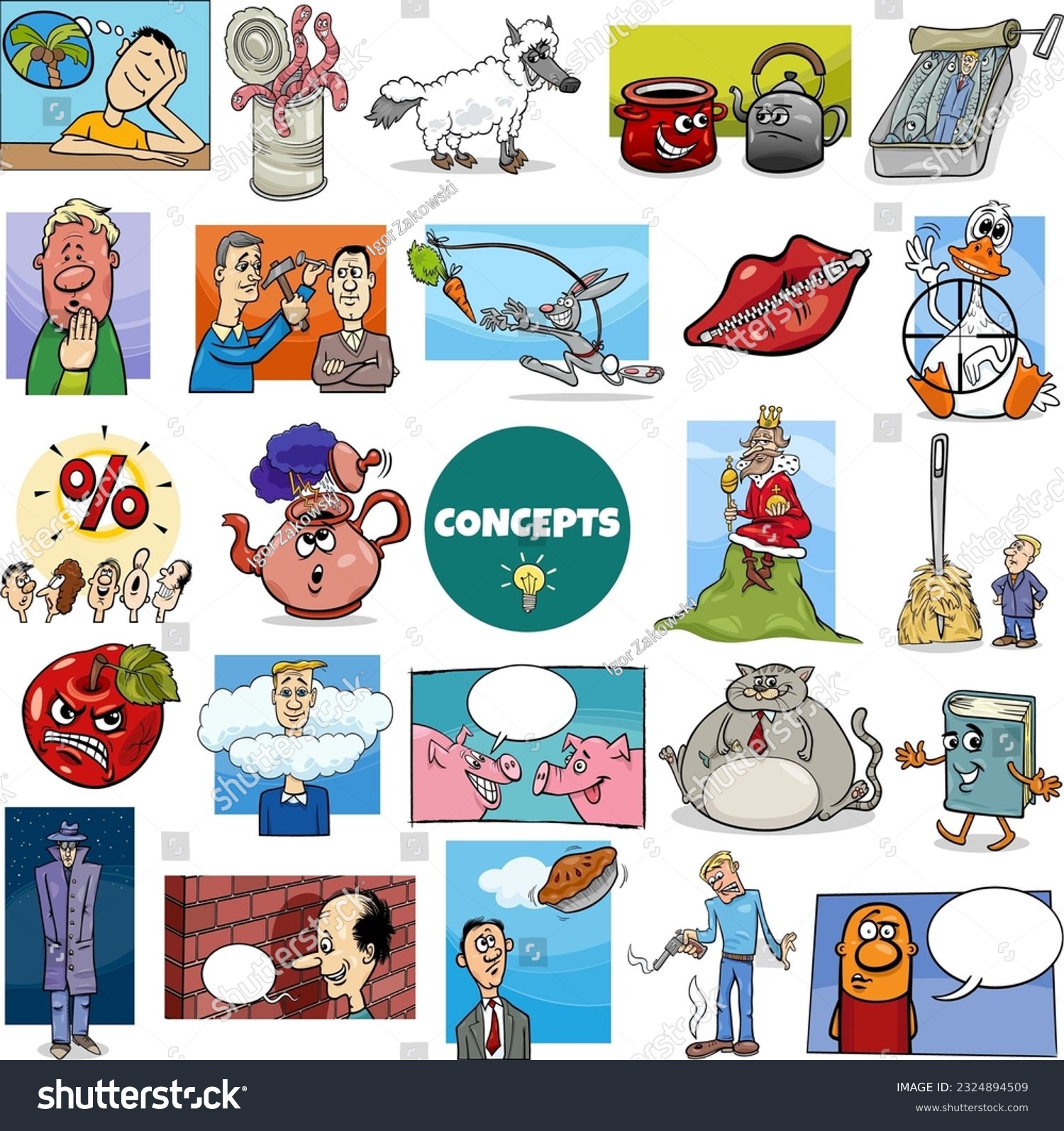 SVG of Illustration big set of humorous cartoon concepts or metaphors and ideas with comic characters svg