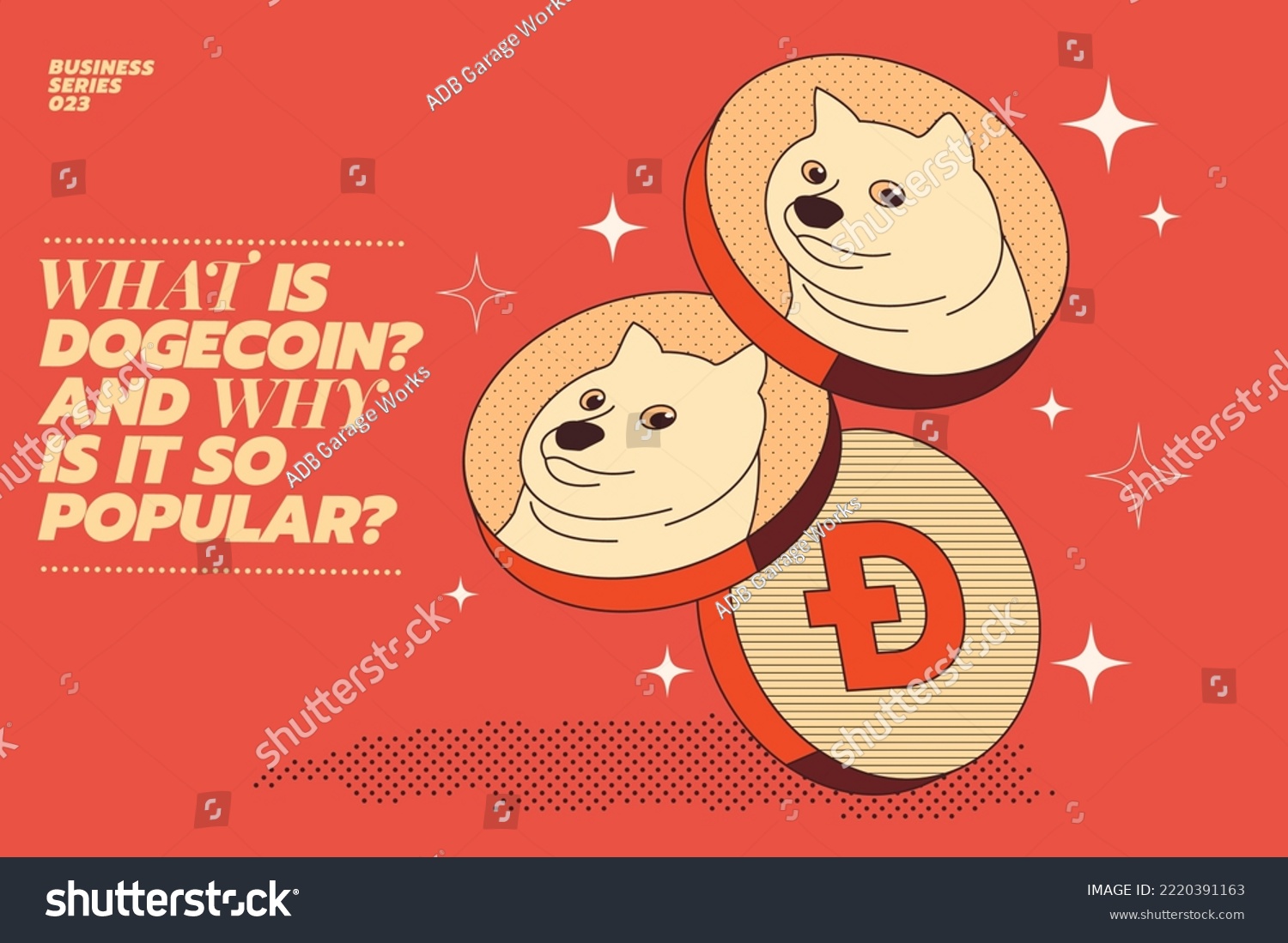 SVG of Illustration concept of Why DOGECOIN is so Popular? Dogecoin or DOGE cryptocurrency isolated on solid color background, Face of the Shiba Inu dog on coin, Symbol digital currency, Vector illustration svg