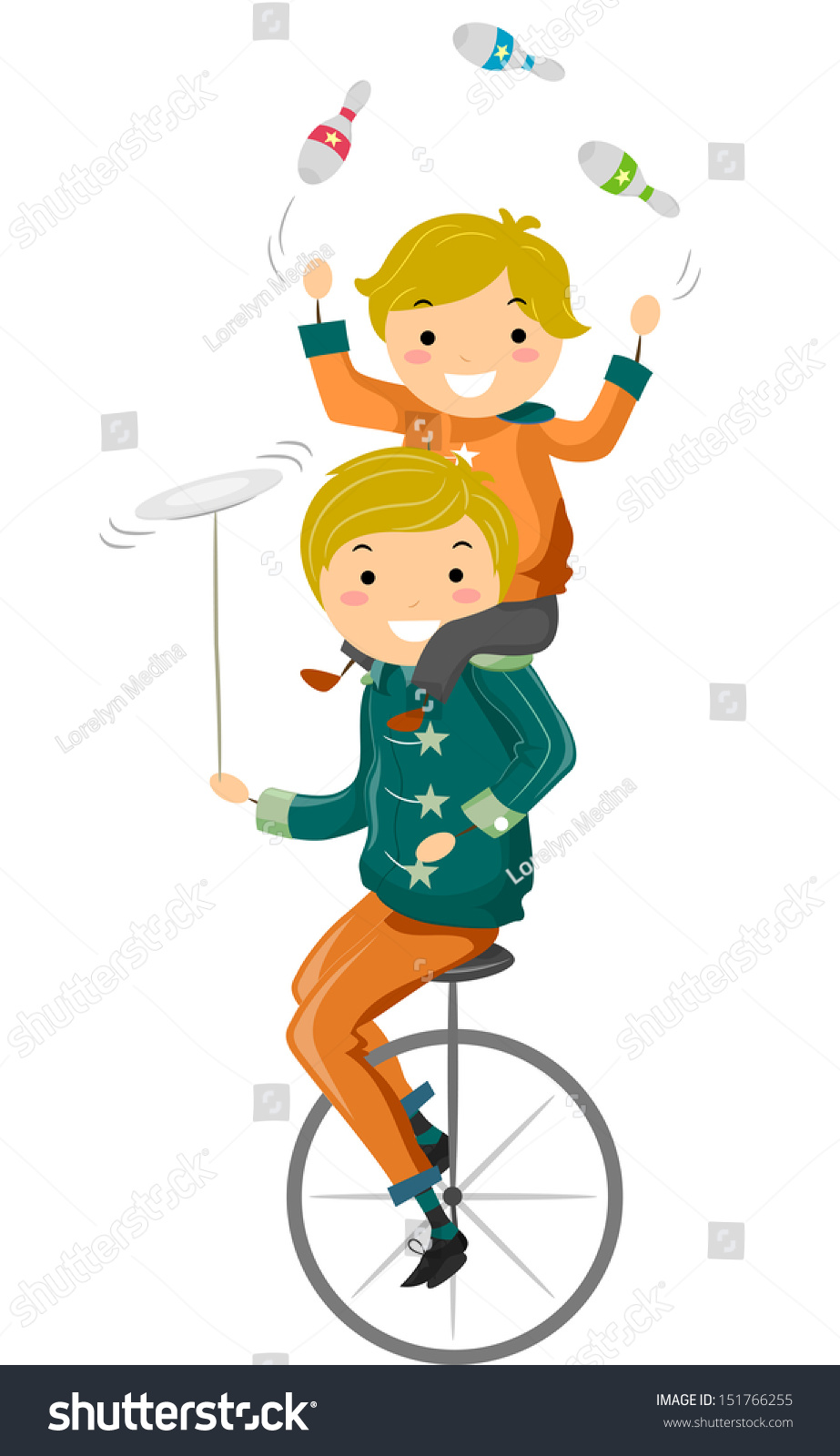 Illustration Featuring Father Son Riding Unicycle Stock Vector