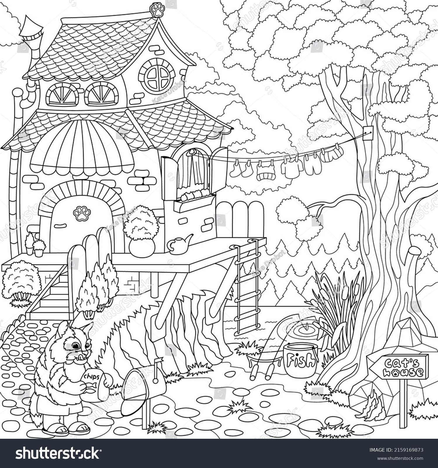 Illustration Coloring Book Pages Cats House Stock Vector (Royalty Free ...