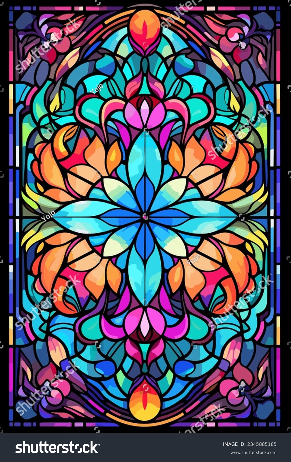 SVG of Illustration in stained glass style with abstract flowers, leaves and curls, rectangular image. Vector illustration. svg