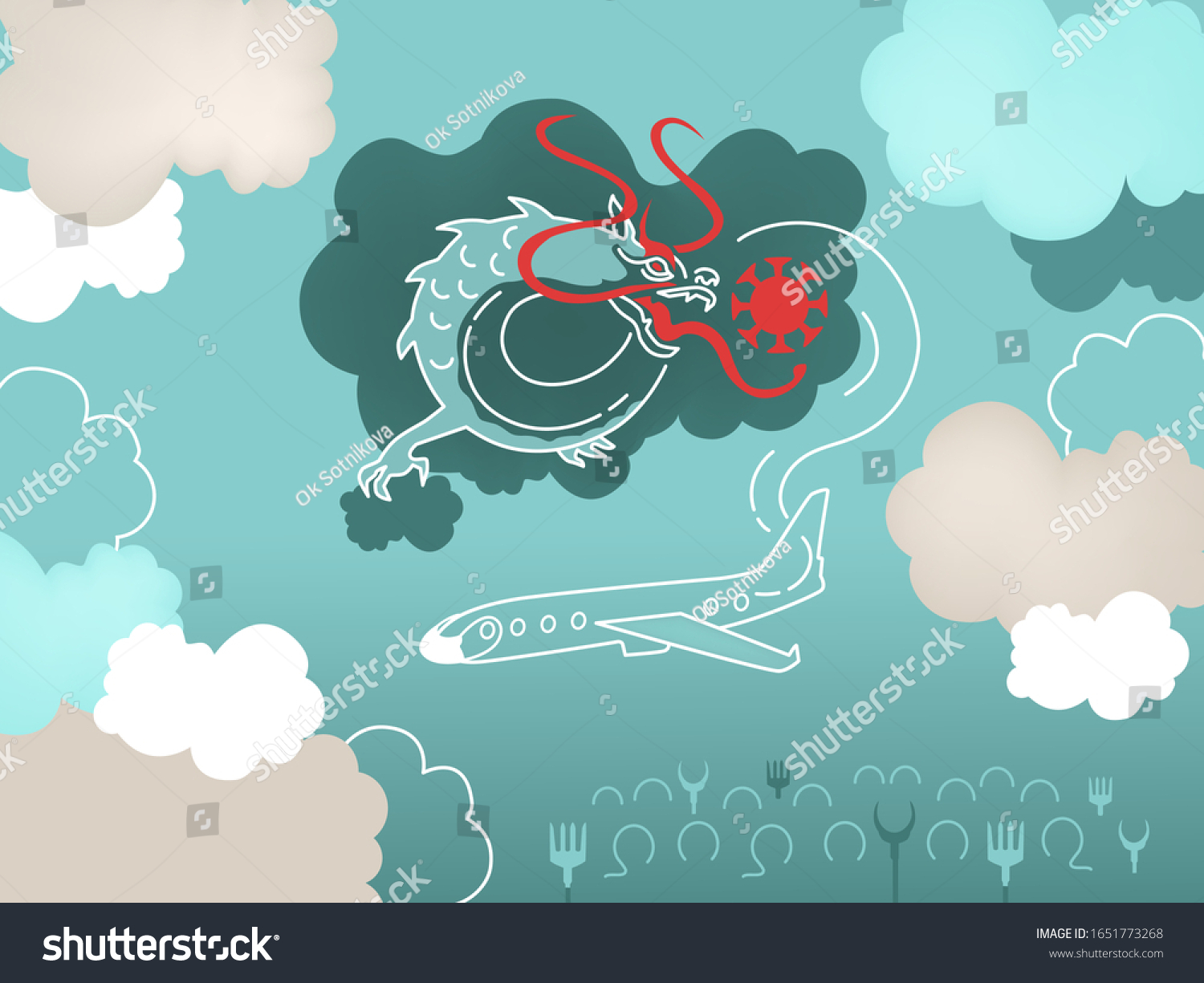イラトス 皮肉な漫画 風刺画 コロナウイルス の曇り空にドラゴンを吹き付け バナー 背景 病気や治療法の一般的な治療法 中国からの飛行機 ポスター のベクター画像素材 ロイヤリティフリー