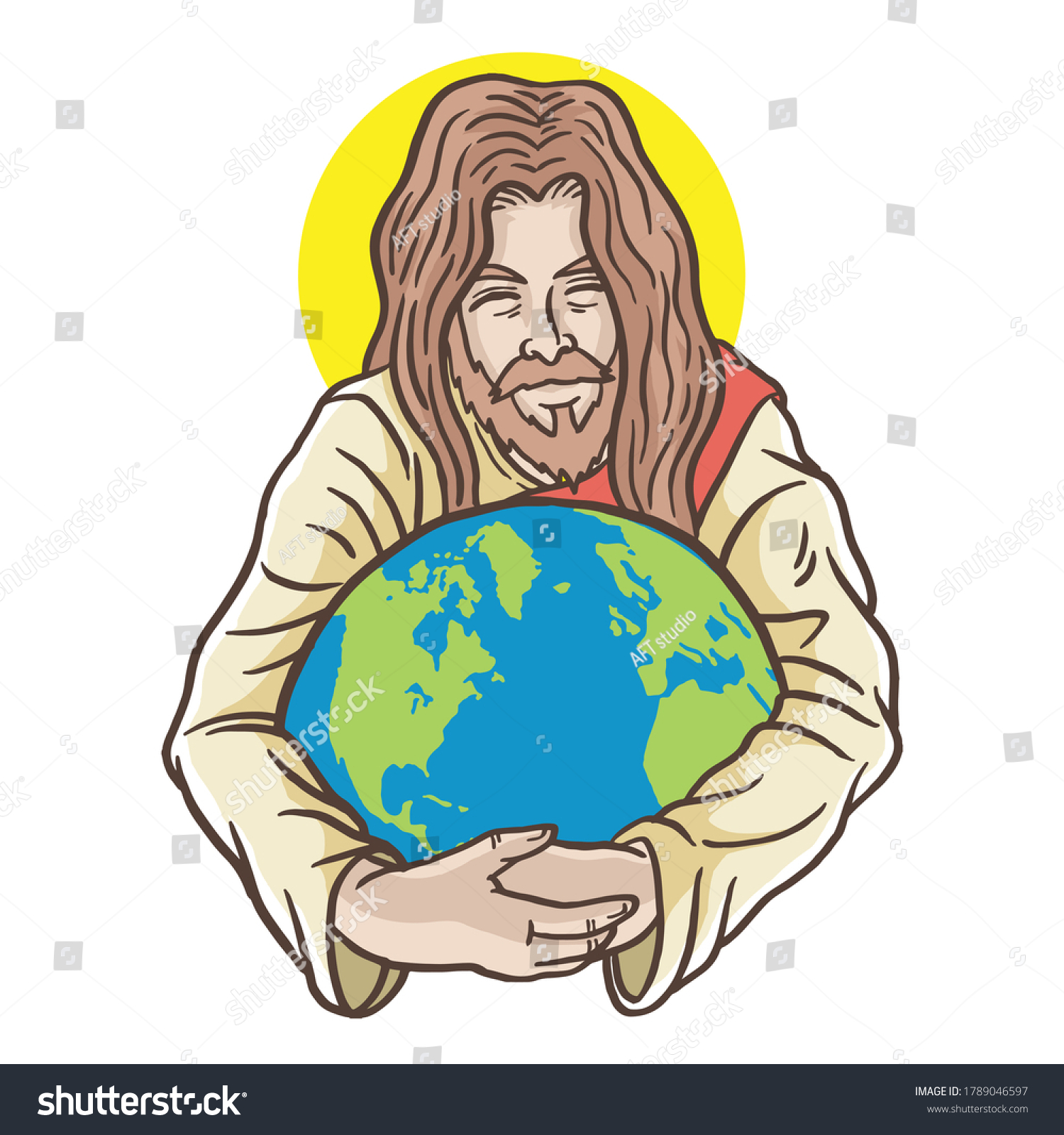 jesus holding earth, yellow halo, cartoon style clip art preview