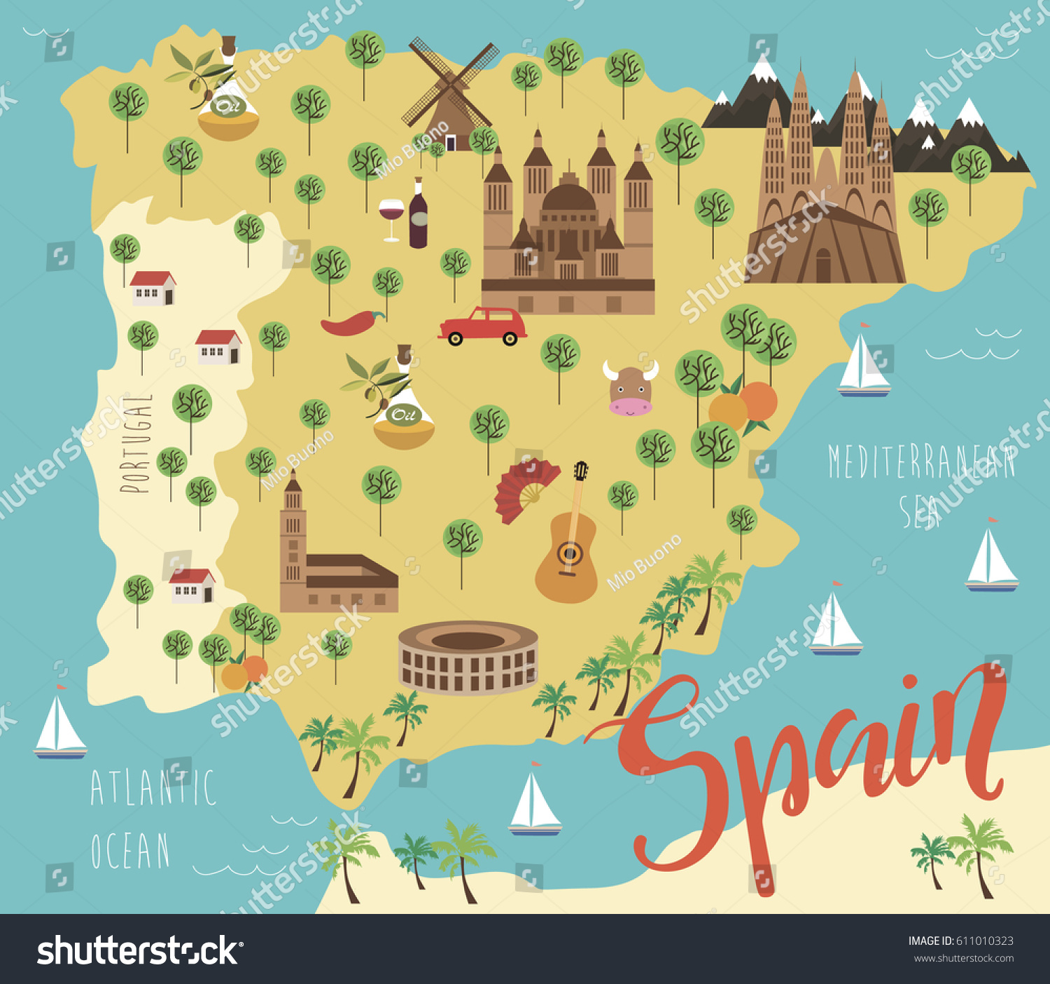 Illustration Map Spain Animals Landmarks Vector Stock Vector 611010323 ...