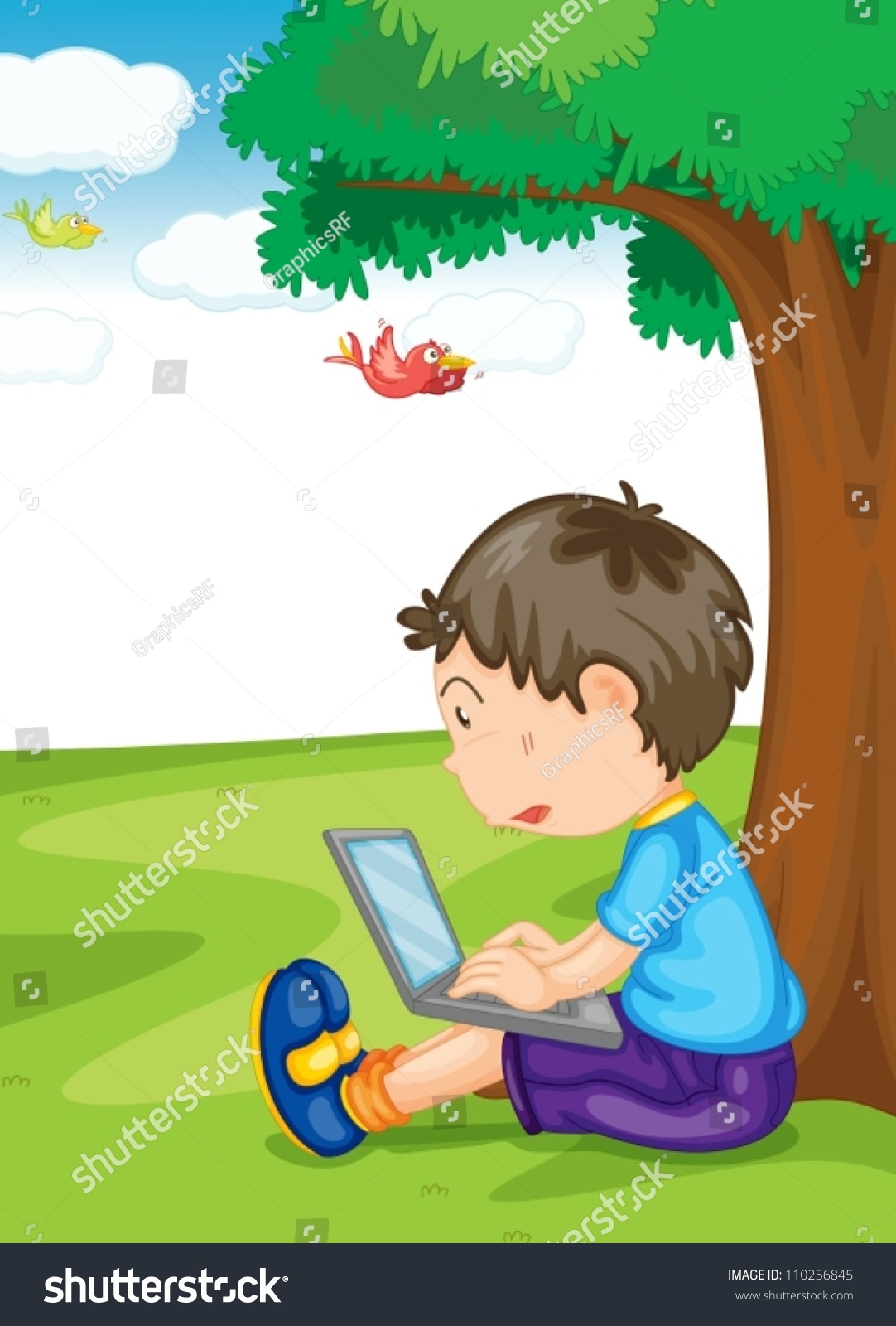 Illustration Of A Boy And Laptop Under The Tree - 110256845 : Shutterstock