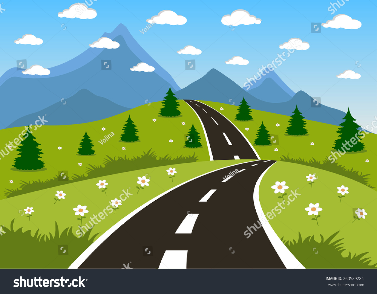 Illustration Cartoon Summer Spring Road Mountains Stock Vector (Royalty ...